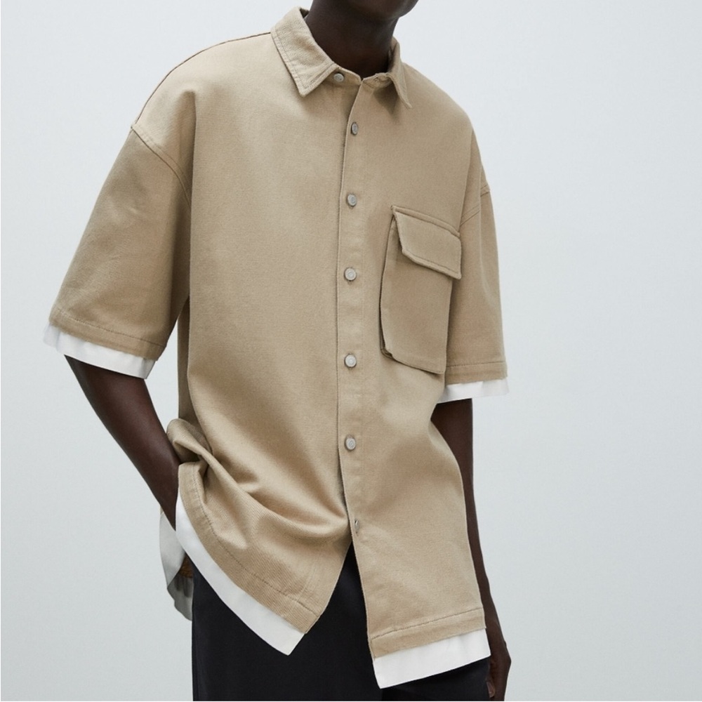NWT ZARA Tan Cotton-Linen Utility Contrast Sleeve Short Sleeve Shirt L
